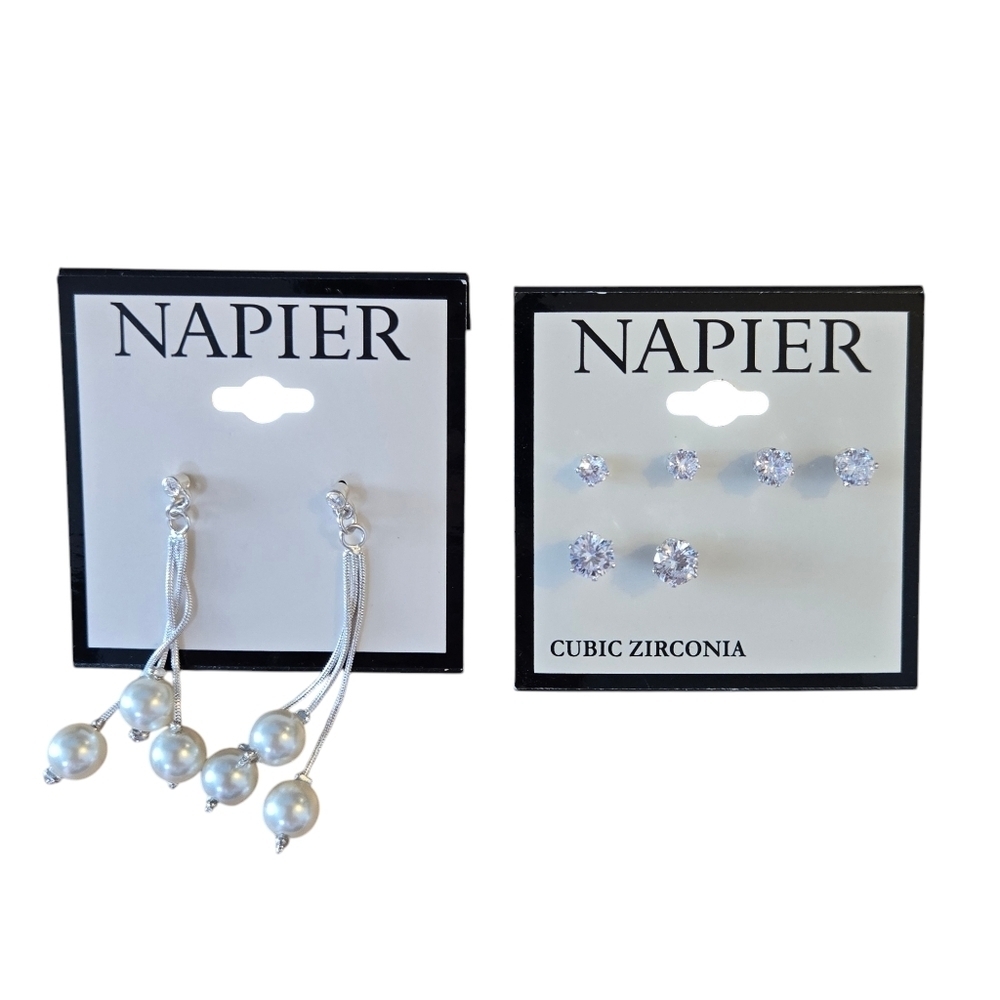 Napier Pierced Earrings 4 Pair New Glass Pearls Cubic Zirconia Post Earring NWT